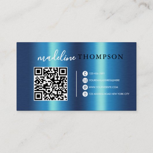 Carte De Visite Bleu Brush Steel Script code QR (Dos)