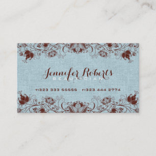 Carte De Visite Bleu Burlap Lin & Brown Floral & dentelle 2