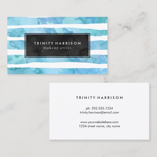 Carte De Visite Bleu Chic Rayures | Tableau (Devant / Derrière)