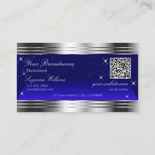 Carte De Visite Bleu ciel nocturne Argent Borders Logo Code QR (Dos)