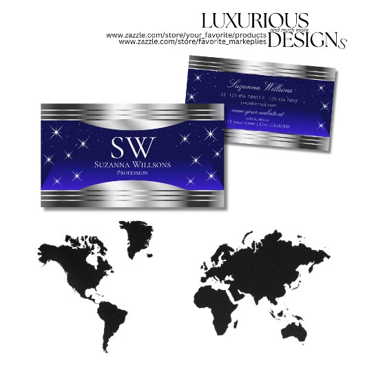 Carte De Visite Bleu ciel nocturne Argent frontières avec Monogram