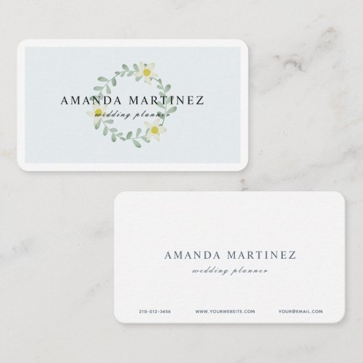 Carte de visite bleu clair vert fleuri (Devant / Derrière)