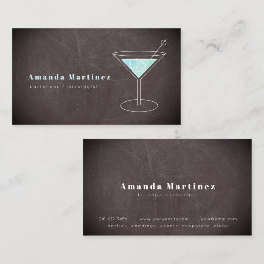 Carte De Visite Bleu Cocktail Bartender Mixologue Chalkboard (Devant / Derrière)