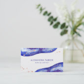 Carte De Visite Bleu d'aquarelle et or rose Geode de Faux (Debout devant)