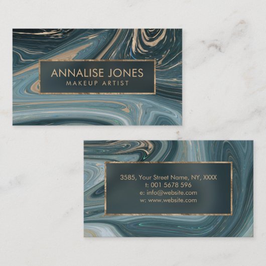 Carte De Visite Bleu de marbre liquide et or d'art abstrait (Devant / Derrière)