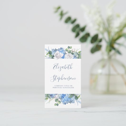 Carte De Visite Bleu Dusty Floral vert - Flores d'Hydrangea (Debout devant)