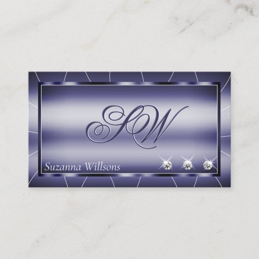 Carte De Visite Bleu élégant avec diamants étincelants et monogram (Devant)