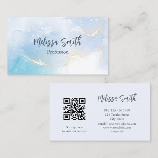 Carte De Visite Bleu encre aquarelle Or Agate Scan QR Code (Devant / Derrière)