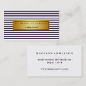 Carte De Visite Bleu et blanc Chic rayures dans Gold Business Ca (Devant / Derrière)
