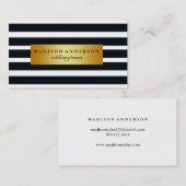Carte De Visite Bleu et blanc Chic rayures en or (Devant / Derrière)
