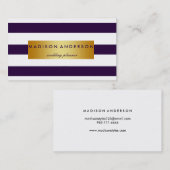 Carte De Visite Bleu et blanc Chic rayures en or (Devant / Derrière)