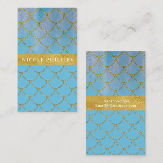 Carte De Visite Bleu et or Shimmer Sirène échelles Glam tendance (Devant / Derrière)