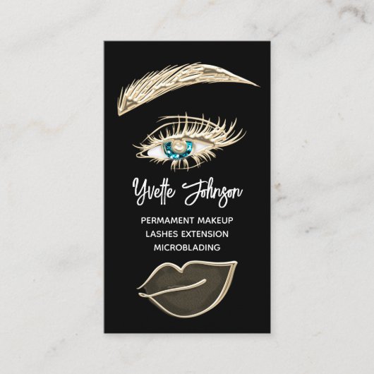 Carte De Visite Bleu Eyelash Brosses logo de maquillage QR Code Or (Devant)