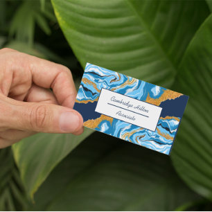 Carte De Visite Bleu foncé, blanc et doré Marbre Fluid Art