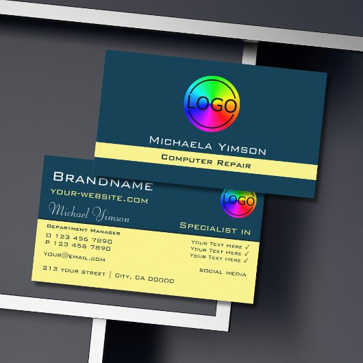 Carte De Visite Bleu foncé Jaune Chic avec logo professionnel
