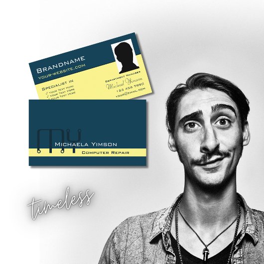 Carte De Visite Bleu foncé Jaune clair avec Monogramme et Photo