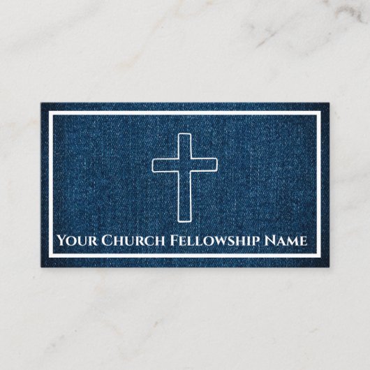 Carte De Visite Bleu foncé robuste Denim Cross Outline Church Past (Devant)