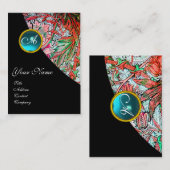 Carte De Visite BLEU GEM DAMASK MONOGRAS 3 fuchsia vert rose rouge (Devant / Derrière)