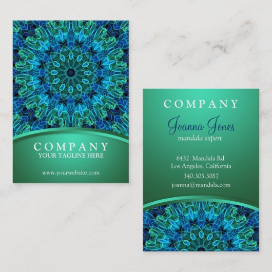 Carte De Visite Bleu & Gems Vert Mandala (Devant / Derrière)