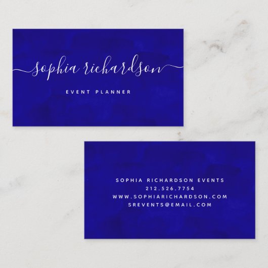 Carte De Visite Bleu gras| Aquarelle et script (Devant / Derrière)