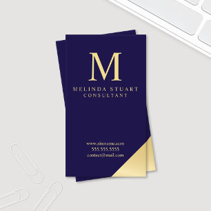 Carte De Visite Bleu marine et monogramme élégant d'or