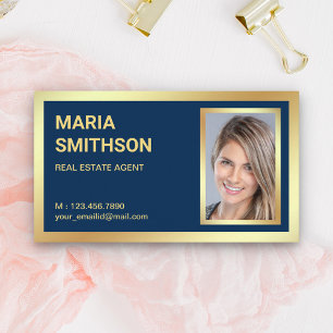 Carte De Visite Bleu marine feuille d'or Photo d'agent immobilier 