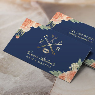 Carte De Visite Bleu marine floral vintage de salon de coiffure de