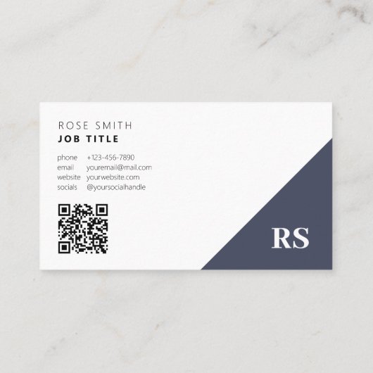 Carte De Visite Bleu Marine | Monogramme Code QR élégant (Dos)