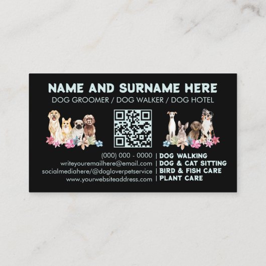 Carte De Visite Bleu noir QR Code Chien toilettant (Dos)