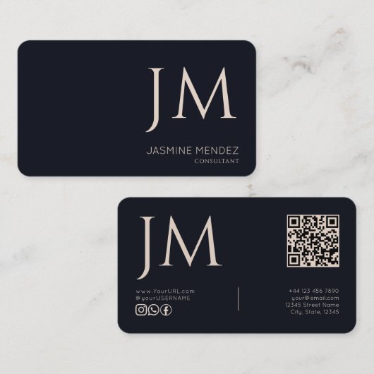 Carte De Visite Bleu Nuit Crème Monogramme Code QR Moderne (Devant / Derrière)