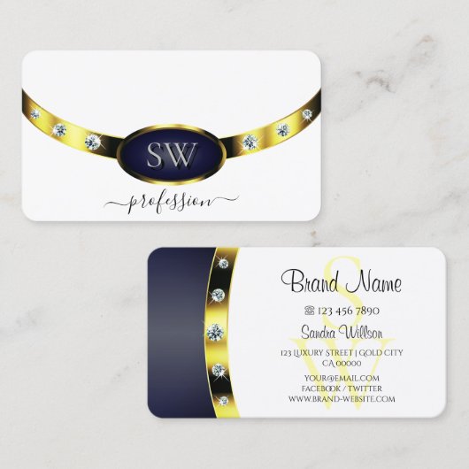 Carte De Visite Bleu or blanc de luxe avec Monogram Professional (Devant / Derrière)