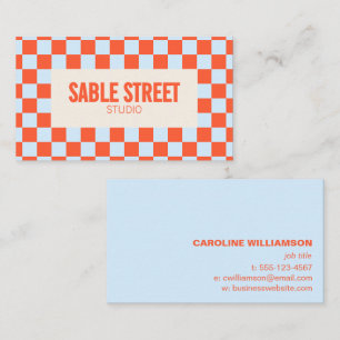 Carte De Visite Bleu Orange Damier Rétro Gras Marque Créative