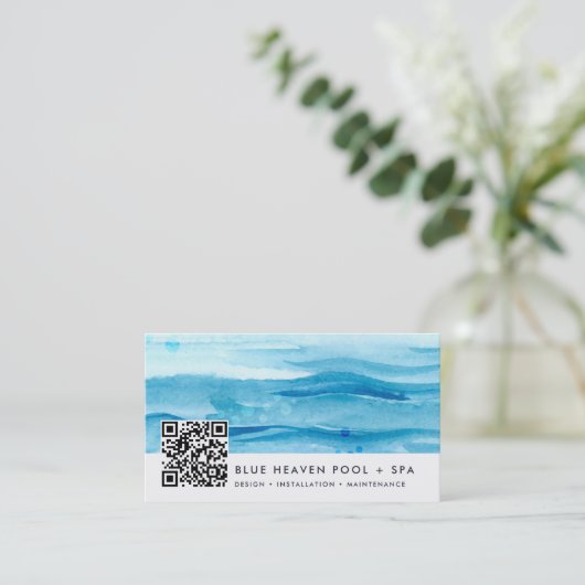 Carte De Visite Bleu | Pool Care ou Swim QR Code (Debout devant)