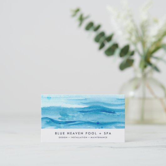Carte De Visite Bleu | Pool Care ou Swim QR Code (Debout devant)