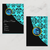 Carte De Visite BLEU SAPHIR DAMASSÉ MONOGRAMME, turquoise (Devant / Derrière)