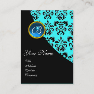 Carte De Visite BLEU SAPHIR DAMASSÉ MONOGRAMME, turquoise
