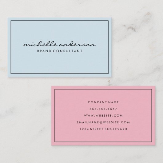 Carte De Visite Bleu simple et rose avec bordure (Devant / Derrière)