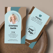 Carte De Visite Bleu tendance & Taupe Super Retro Logo Photo