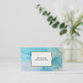 Carte De Visite Bleu turquoise aquarelle éclaboussure or élégant (Debout devant)
