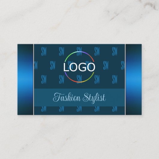 Carte De Visite Bleu turquoise avec logo photo et Motif Monogramme (Devant)