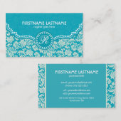 Carte De Visite Bleu Turquoise & Blanc Floral Damas Customisé (Devant / Derrière)
