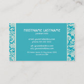 Carte De Visite Bleu Turquoise & Blanc Floral Damas Customisé (Dos)