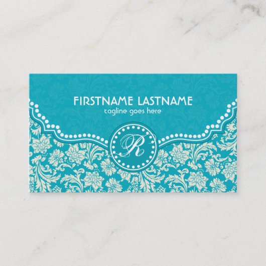 Carte De Visite Bleu Turquoise & Blanc Floral Damas Customisé (Devant)