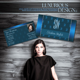 Carte De Visite Bleu Turquoise chic avec photo et Motif de monogra