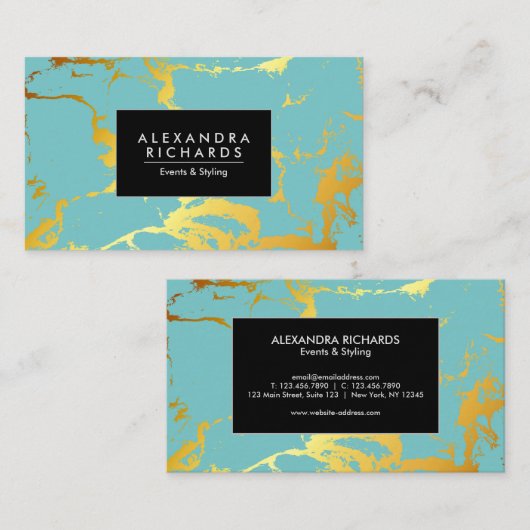 Carte De Visite Bleu Turquoise Or (Devant / Derrière)