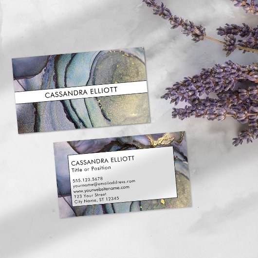 Carte De Visite Bleu Turquoise violet et or Encre d'alcool Liquide