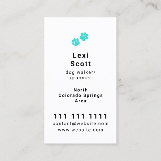 Carte De Visite Bleu vert Pawprint Coeur animal Walker Sitter (Dos)