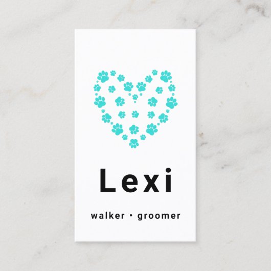 Carte De Visite Bleu vert Pawprint Coeur animal Walker Sitter (Devant)