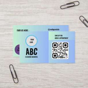 Carte De Visite Bleu Vert Services de nettoyage mixte Code QR