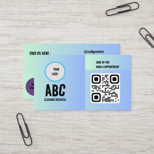 Carte De Visite Bleu Vert Services de nettoyage mixte Code QR (Devant/Arrière en situation)